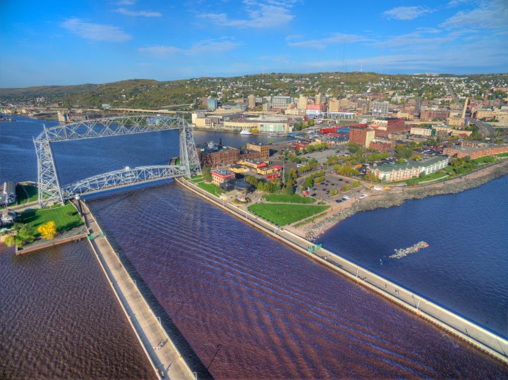 Duluth and Lake Superior in Summer seen from Above by Drone