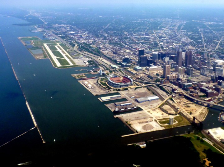 Aerial View of Cleveland Ohio, Downtown, Stadium, Roads, Lake etc. ---  Postcard