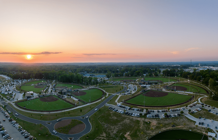 Aerial view of Sand Mountain Park & Amphitheater, a great place for a winter getaway in Albertville, Alabama