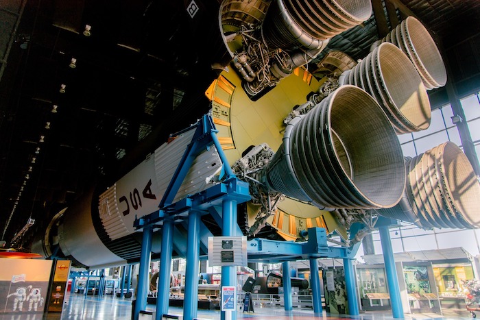 The Saturn V rocket on display at the space center in Alabama – the U.S. Space and Rocket Center in Huntsville.