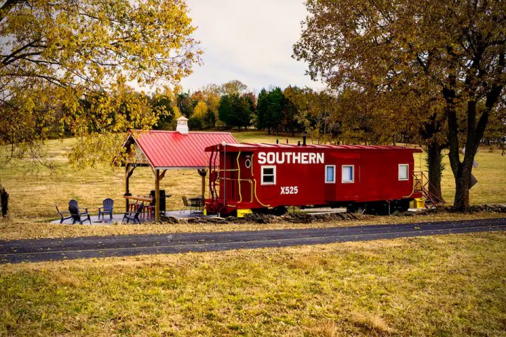 Red caboose Bourbon Trail Airbnb in Lawrenceburg, Kentucky.