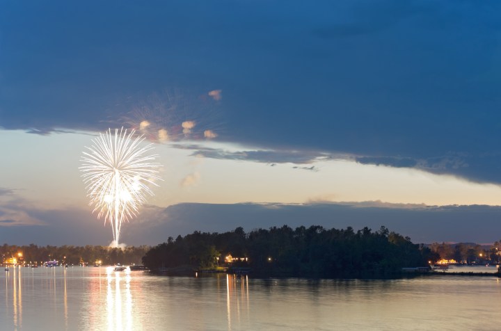 fourth of july fireworks display during celebration on steamboat bay of east gull lake near brainerd minnesota