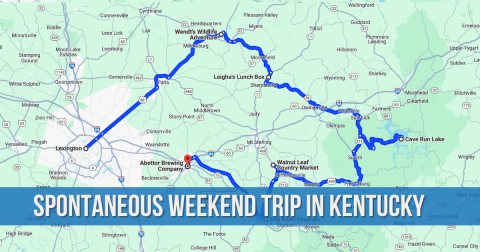 Map of aspontaneous weekend road trip through Kentucky that starts in Lexington and ends in Winchester