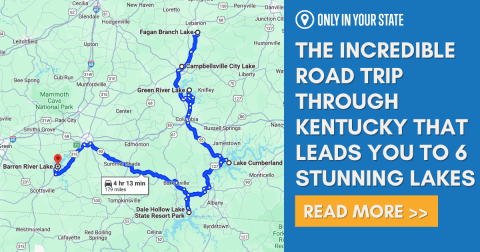 Route of a lake road trip through Kentucky from Fagan Branch Lake to Barren River Lake